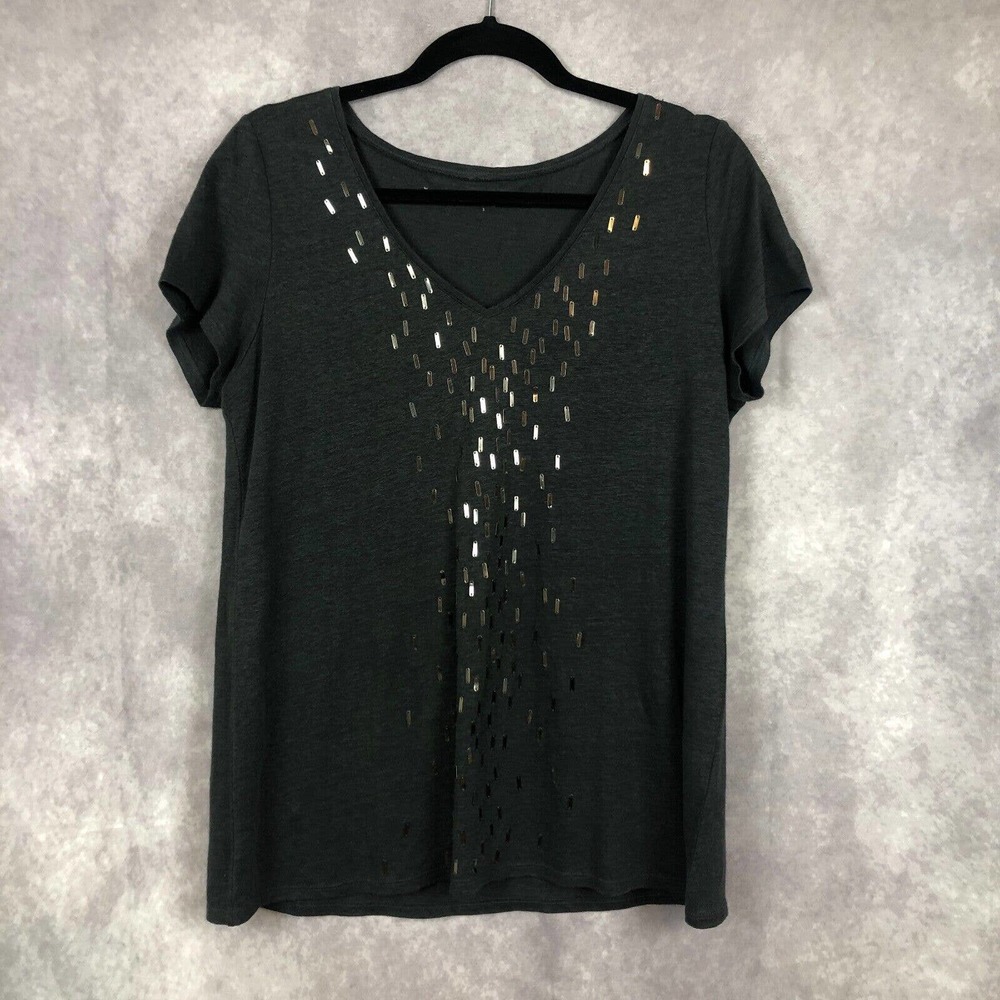 Eileen Fisher 100% Linen Top Modern Silver Metal Design Gray Shirt Size Small